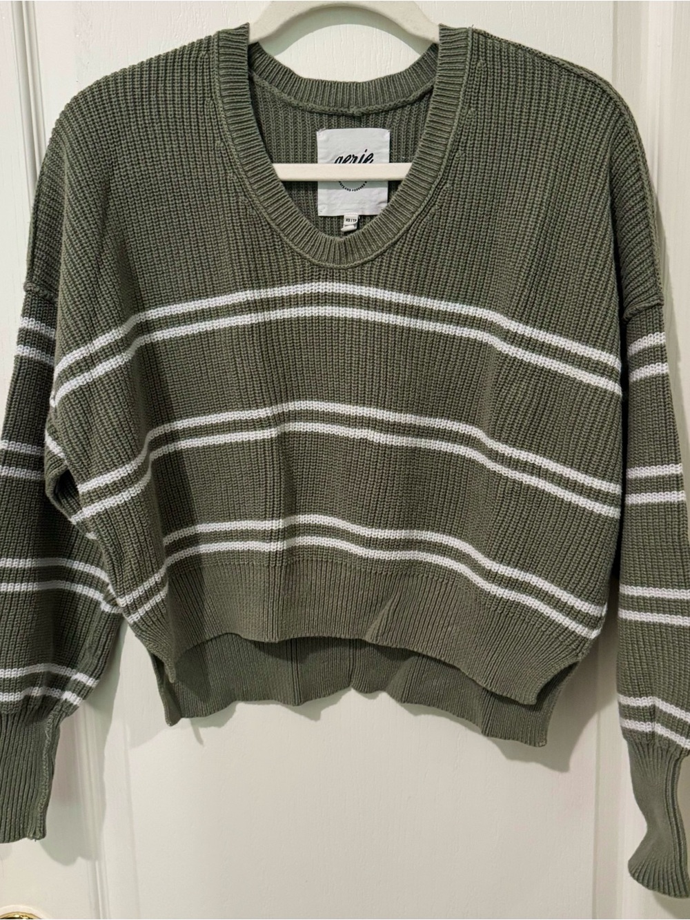 aerie Olive Green and White Striped V-Neck Sweater